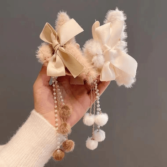 Faux Fur Bow Hair Claw Clips 2 Pack Pearl Dangle Tassel