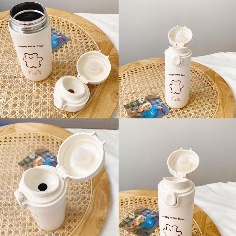 Cute Bear Water Bottle Double Wall Steel Flip Top Hydration Flask