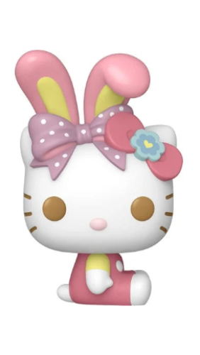 A Funko Pop! vinyl figure of Hello Kitty dressed as a bunny, featuring pink bunny ears with yellow inner linings, a pink polka-dot bow, and a pink outfit, isolated on a white background.