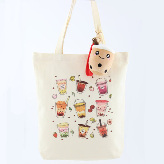 Boba Tote Bag, Graphic Printed Bubble Tea Canvas Handbag, Everyday Reusable Shopping Accessory, Birthday Gift For Her