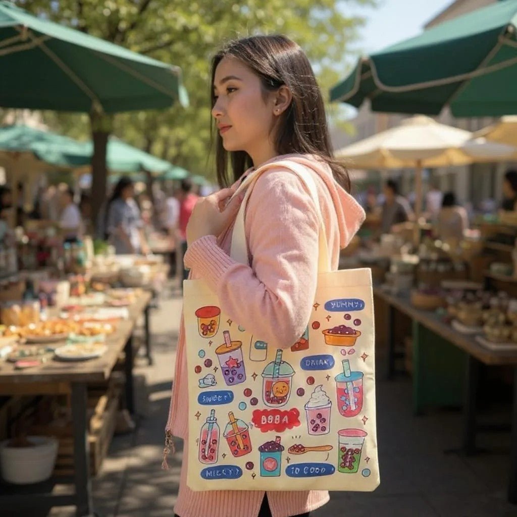 Bubble Tea Tote Bag Gift Set – Boba Bag with Keychain & Pin