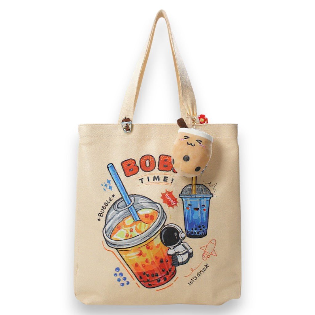 Bubble Tea Tote Bag Gift Set – Boba Bag with Keychain & Pin