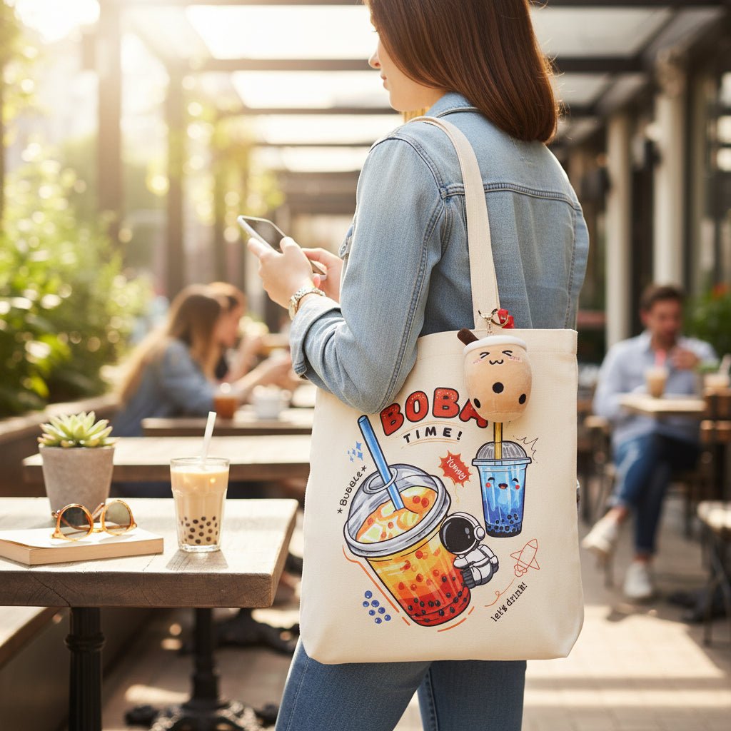 Bubble Tea Tote Bag Gift Set – Boba Bag with Keychain & Pin