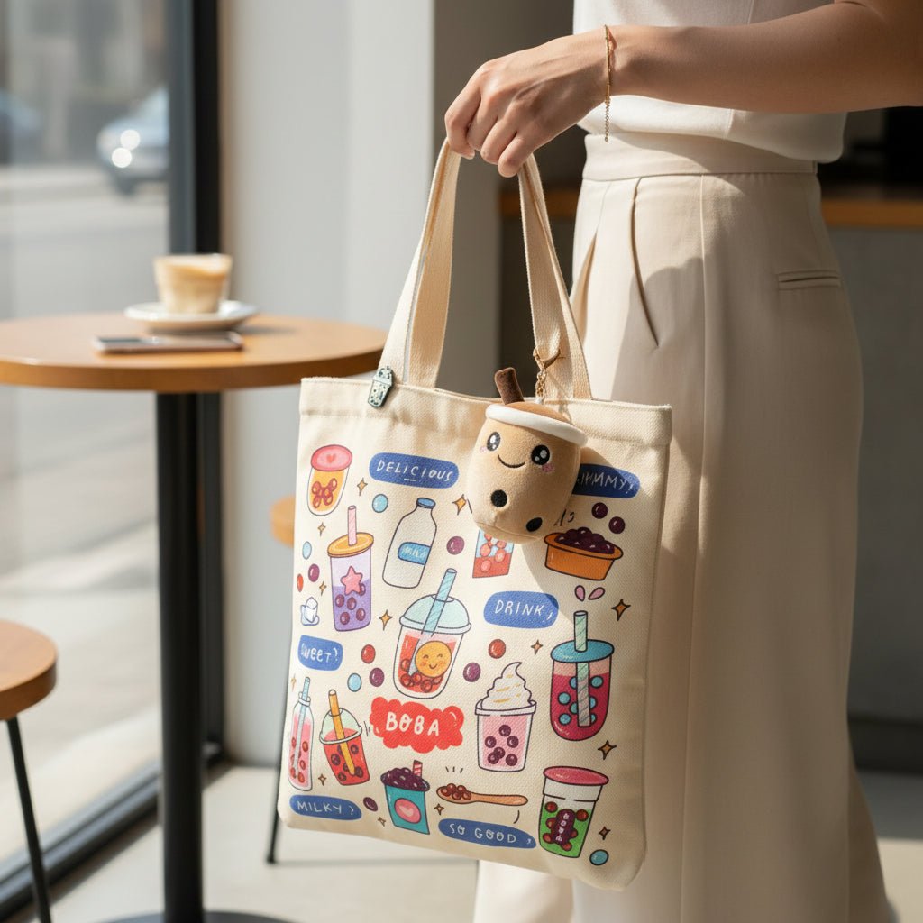 Bubble Tea Tote Bag Gift Set – Boba Bag with Keychain & Pin