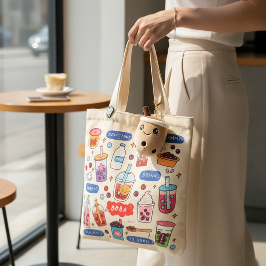 Bubble Tea Tote Bag Gift Set – Boba Bag with Keychain & Pin