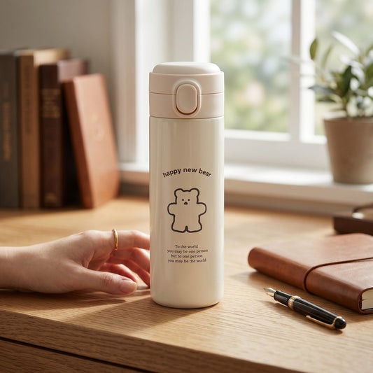 Cute Bear Water Bottle Double Wall Steel Flip Top Hydration Flask