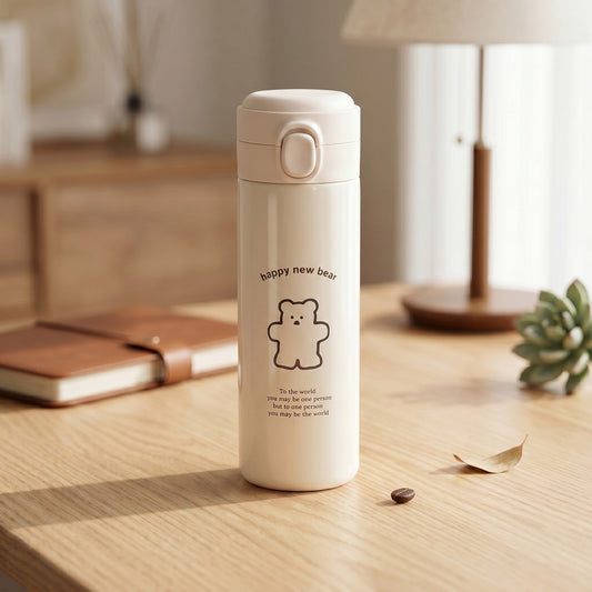 Cute Bear Water Bottle Double Wall Steel Flip Top Hydration Flask