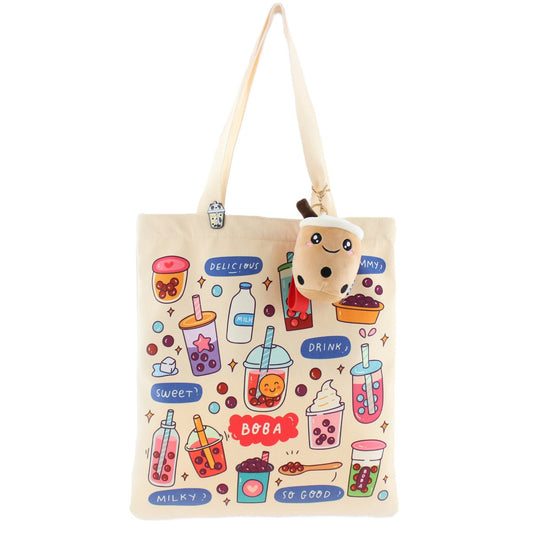 Bubble Tea Tote Bag Gift Set – Boba Bag with Keychain & Pin